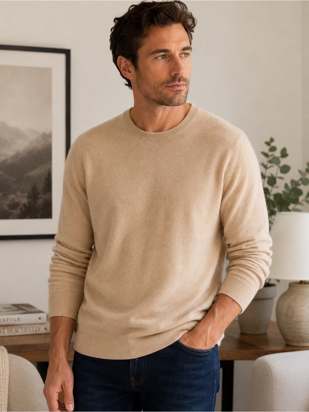 Club Room Luxury 100% Cashmere Beige Crewneck Sweater Size Large
